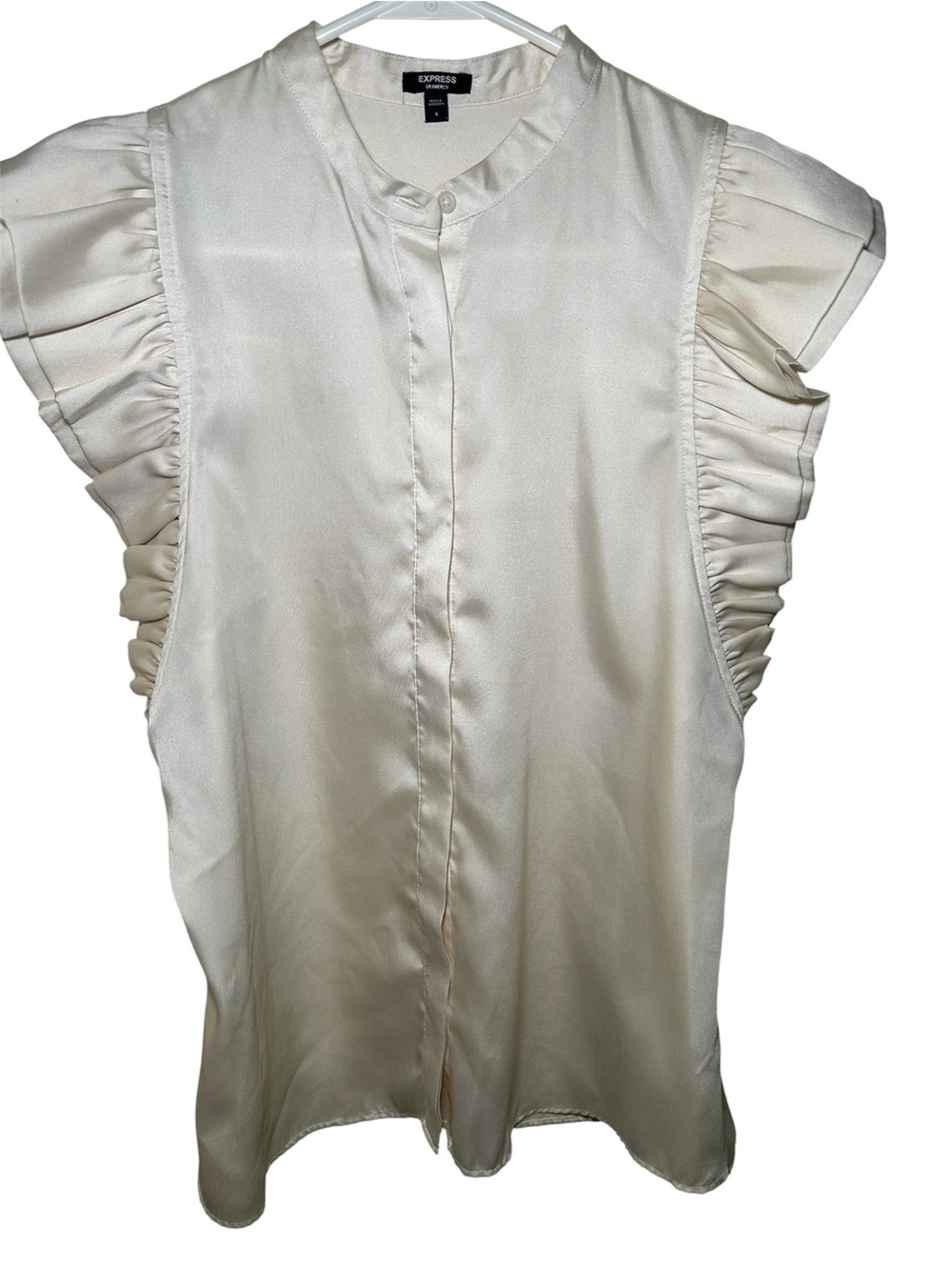 Express Cream Short Ruffle Sleeve Blouse Silk Fall Casual Babydoll Light Button
